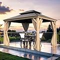 10' X 12' Outdoor Hardtop Gazebo Wooden Finish Coated Aluminum Frame Gazebo with Galvanized Steel Double Roof Permanent Metal Pavilion with Curtains and Netting - Wood Brown
