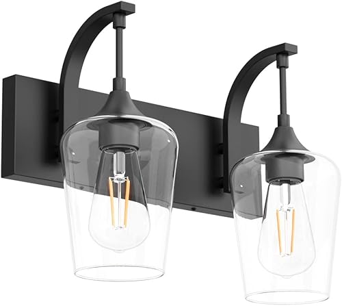 Ralbay Lámpara de tocador negra con 2 luces industriales para baño, sobre espejo con vidrio transparente, aplique de iluminación negro para montaje