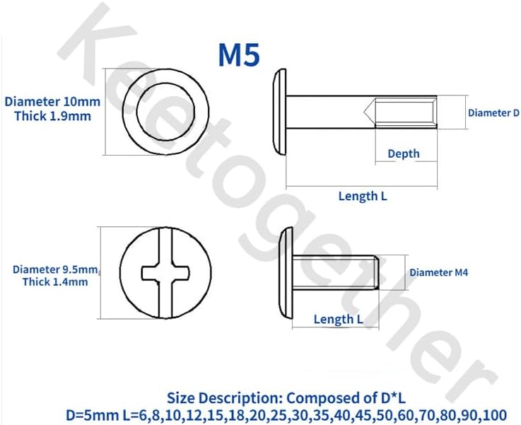 Binding Screws Nail Rivets M5 Nickel Plated Bolts for Photo Album Leather Craft (Size: M5x90, Length: 20pcs)