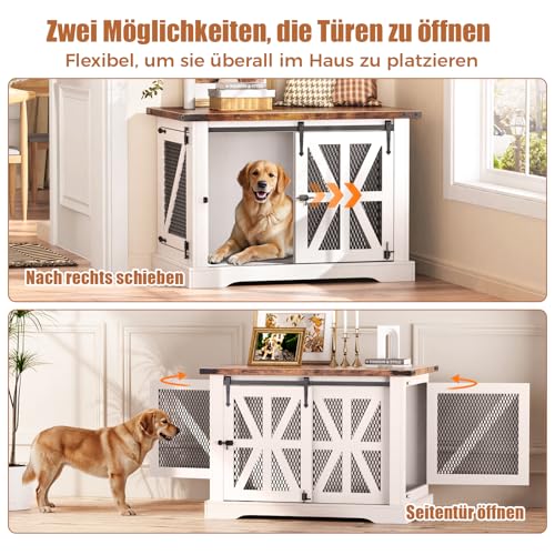 Hundekäfig, 110 cm Hundebox, Dreitüriger Hundekäfig für zu Hause, Schiebetür, Modernes Holz-Hundehäuschen, Mittlere und Große Hunde, Verstärktes Eisennetz, 110x74x81 cm, Weiß