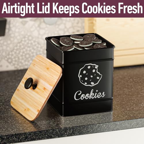 Hb Design Co. COOKIE-JAR-B-BLK Jar With Airtight Bamboo Lid - 6"W X 6"D X 8"H Black Iron Cookie Tin - Large Cookie Jars With Lids Airtight - Farmhouse Cookie Jars thumb #3