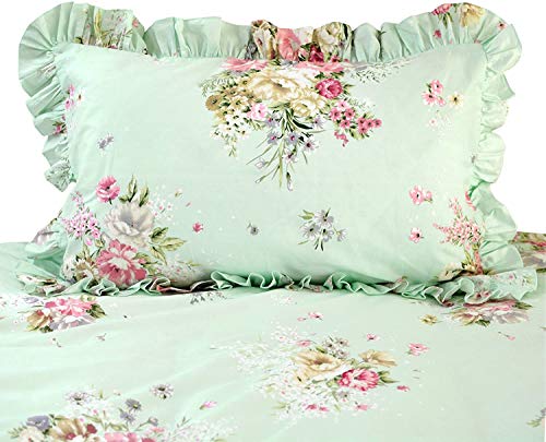 Usning Duvet Cover Sets Twin Green Floral Bedding Vintage Flower Printed Comforter Cover Twin Size 100% Cotton Designer Bedding Set 3 Pieces,1Duvet Cover & 2Pillowcases (Ruffle Style) #TOP2
