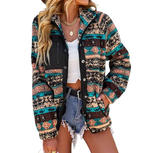 Womens Fuzzy Fleece Jacket Casual Western Aztec Print Jacket Winter Warm Long Sleeve Snap Button Down Shacket Coat