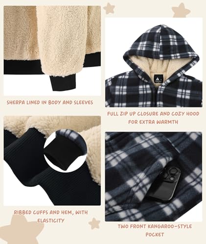 Image of V VALANCH Boys Flannel Jacket Hooded Fleece Lined Zip-up Hoodies Plaid Coat for Kids