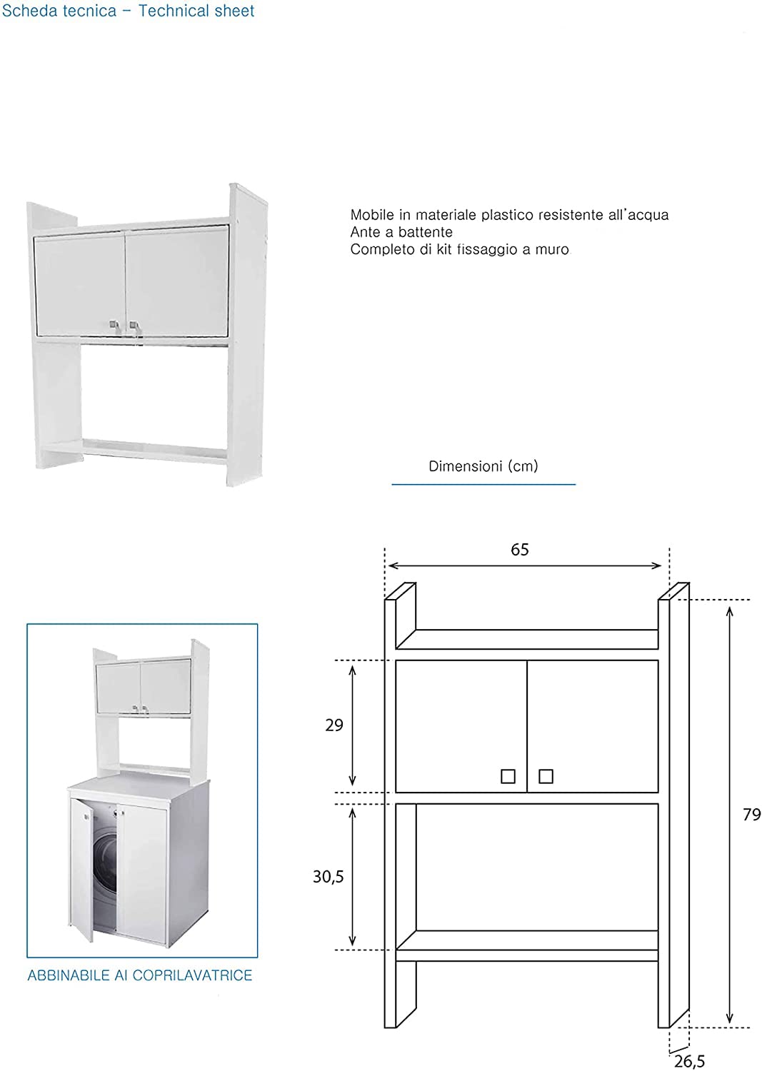 Negrari Regal für Waschmaschinenschrank aus PVC, feuchtigkeitsbeständig, Wandbefestigungsset, 65 x 26,4 x 78 cm, Weiß