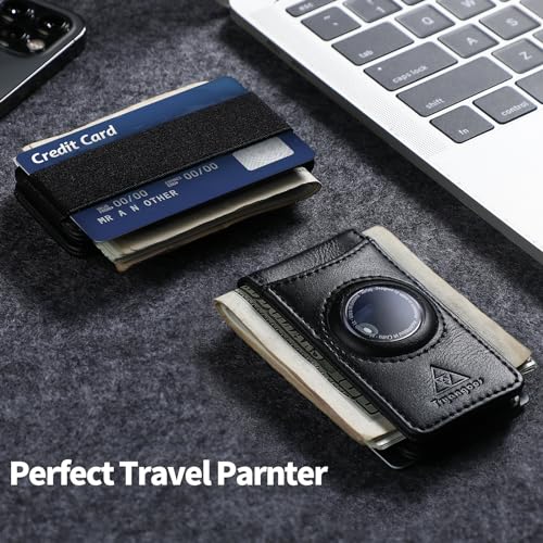 Image of Slim Magnetic Money Clip Wallet for Men with Airtag Holder & Elastic Band,Leather Card & Cash Holder for Men (Black)