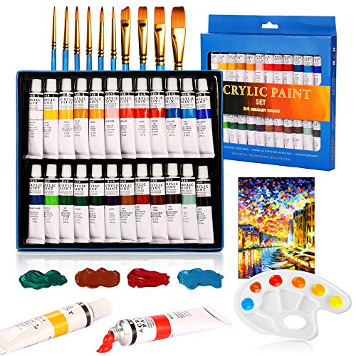 Acrylic Paint Set 24 Colors 12ml Acrilic Non-Toxic Rich Pigments Paints Sets for Artists Hobby Painters Adults Kids Beginners Professionals Ideal for Canvas Wood Clay Fabric Ceramic Craft Supplies