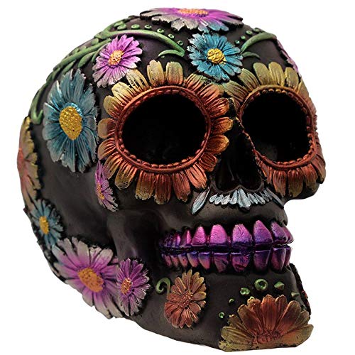 Calavera con Flores Metálicas del Día de los Muertos Resina Figura Decorativa Rosa Dorado (Amarillo Dorado)