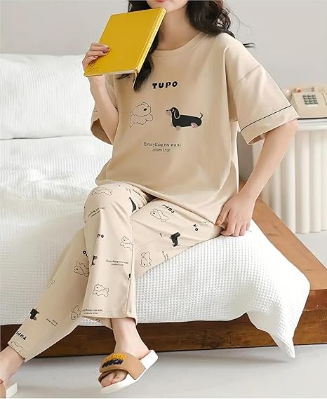 Image of Women's Pajama Set with Top & Pants|| Korean Night Wear|| Loose Fit Home Wear || Lightweight Printed Set || Soft & Comfy Girls & Women
