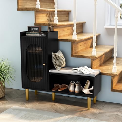 Image of HLR Storage Bench Set of 2, Black Modern Entryway Shoe Cabinet Bench with Glass Door&Shelf, L-Shaped Storage Cabinet with Padded Seat for Hallway, Bedroom, Living Room, Office