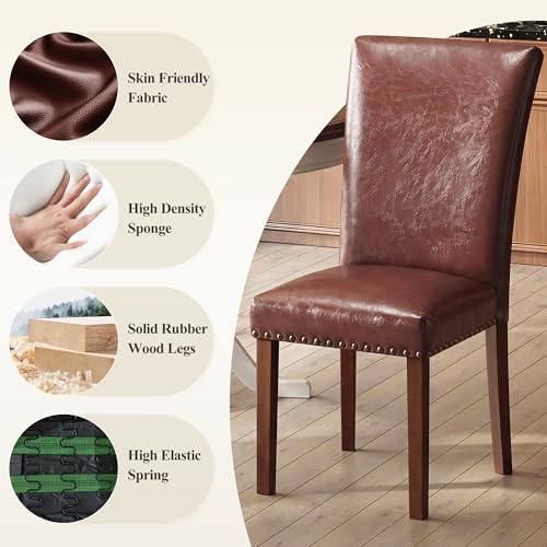 Image of COLAMY Upholstered Parsons Dining Chairs Set of 4, PU Leather Dining Room Kitchen Side Chair with Nailhead Trim and Wood Legs - Light Brown