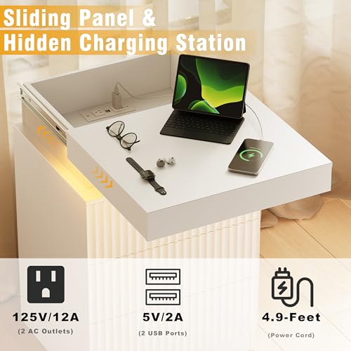 Image of Fluted Nightstand with Hidden Charging Station, LED Light, USB Ports, AC Outlets, Sliding Top, 3 Drawer Storage, Modern Bedside Table for Bedroom, White