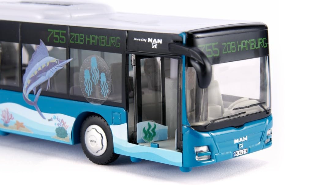 siku 3736, Bus Articulé MAN, 1:50, 2 Planches d'Autocollants Incluses, Métal/Plastique, Turquoise, Modèle réduit, Pneus en Caoutchouc, Portes ouvrables