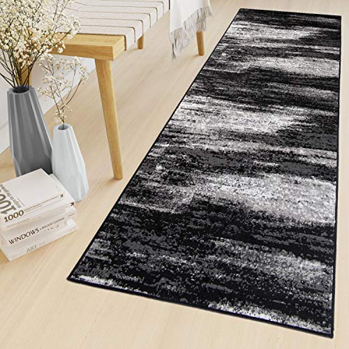 TAPISO Maya Teppich Läufer Meterware Kurzflor Wohnzimmer Flur Küche Modern Brücke Grau Weiß Schwarz Verwischt Meliert Design ÖKOTEX 80 x 200 cm