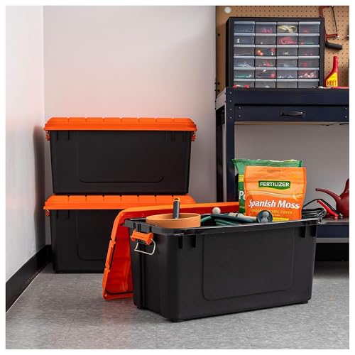 Image of IRIS USA 21 Gallon Heavy-Duty Plastic Storage Bins, Store-It-All Container Totes with Durable Lid and Secure Latching Buckles, Garage and Metal Rack Organizing, Black /Orange, 3 Pack