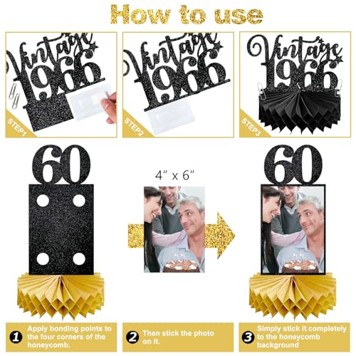 Image of Eucutur 8Pcs 60th Birthday Decorations Honeycomb Centerpieces for Women Men, Black Gold Vintage 1966 60th Bday Photo Table Centerpieces Party Supplies, Glitter Cheers to 60 Year Old Bday Table Topper
