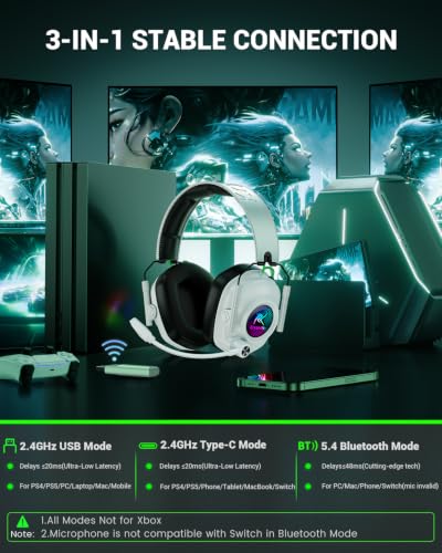 Image of Krysenix Wireless Gaming Headset for PS5 & PC, 50mm Titanium Drivers, Low-Latency 2.4GHz & Bluetooth, Adjustable Noise-Cancelling Mic, Foldable RGB Over-Ear Headphones - White