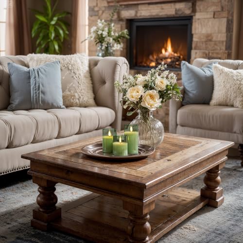Image of Homemory Green Glass Flameless Candles, Battery Operated LED Pillar Candles with Remote Control and Timer, Radiance Candles, Real Wax, Set of 3,D3 xH4 5 inch 6 inch