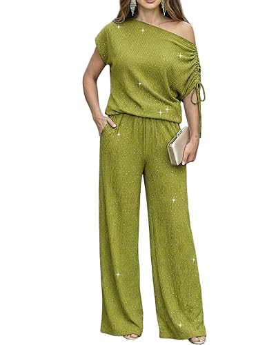 CHICME Women's Rhinestone 2 Piece Set Cold Shoulder Top Wide