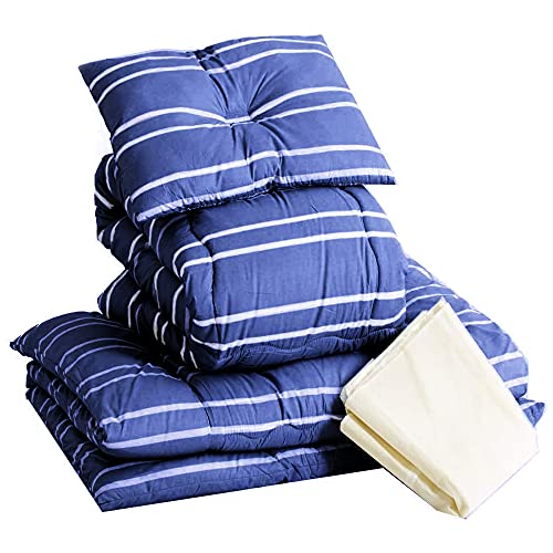 アイリスプラザ 布団セット【収納ケース付】 4点 シングル 抗菌 防臭 防カビ 洗えて清潔 軽量 来客用 お昼寝用 ネイビー/ボーダー