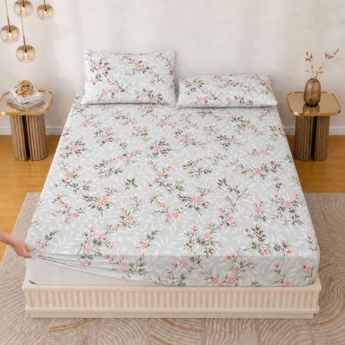 Image of Jaipur Weaves King Size Elastic Fitted Bedsheet, 100% Pure Cotton King Size Fitted Bedsheet for Double Bed with 2 Pillow Covers, 240 TC, 72x78 Inches up to 8-inch Mattress, Floral (Spring Tulips Grey)