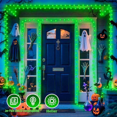 Isisyu 2 Stück Halloween Lichterkette Batterie, 10M 100 LED Grün Micro Lichterkette Batteriebetrieben mit Timer… – Ansicht 4