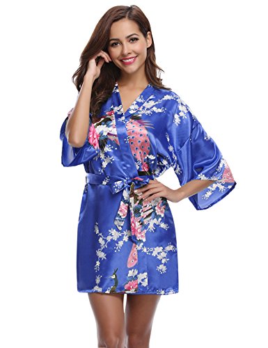 Aibrou Women's Kimono Robe Satin Peacock Bathrobe Short Silk Bridal Robe Diamond Blue
