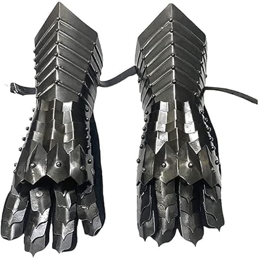 Medieval Knight Black Steel Gauntlets, 18 Gauge Iron Construction, 15 Inch Articulated Armor Gloves with Leather Straps, Costume Weapons and Armor