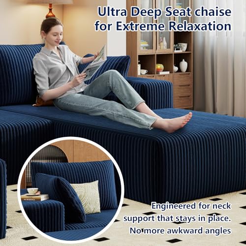Image of 96 inch Modular Sectional Sofa with Ottoman, Modern Corduroy Cloud Couch with Deep Seat, Boneless Couch Upholstered 3-Seater U-Shaped Sofa for Living Room, No Assembly (Blue, Right-Facing Chaise)