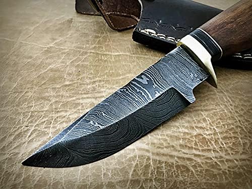 Miniatura 2 de Cuchillo de hoja fija de acero de Damasco con funda de cuero, escala de madera redonda con protector de dedo de latón y tapa, cuchillo de piel de 8