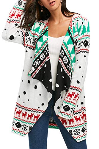 Women Ugly Christmas Lapel Neckline Open Front Sweater Cardigan White L