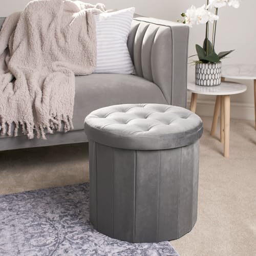 OHS Storage Ottoman Round Matte Velvet Stool with Storage Foldable Footstool Bedroom Living Room Space Saving Storage Stool Organising Box Footrest with Lid Charcoal Grey