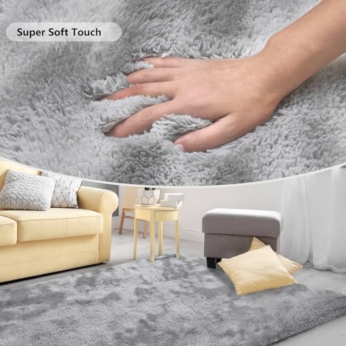 SOANNY Living Room Area Rug, Light Grey Small Soft Fluffy Tie-Dyed Shag Carpet, Non-Slip Washable Rug for Bedroom Dorm - Image 3