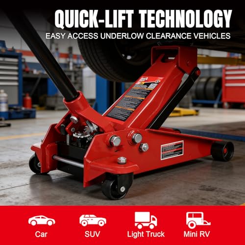 Image of Heavy Duty Hydraulic Car Floor Jack with Quick Lift Pump for All Terrain Vehicles, 3 Ton Capacity, Red