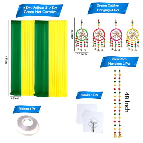 Image of Party Propz Green and Yellow Backdrop Decorations with Pom Pom Hangings, Mehendi Decoration Setup, Haldi Decoration Items for Home Decor, Backdrop Cloth for Decorations Pooja(17Pcs)(Satin)