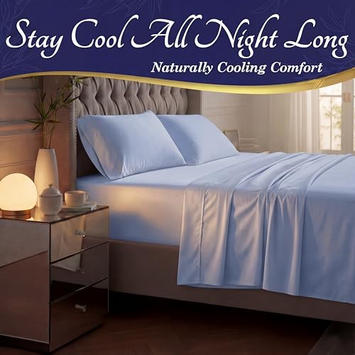 Image of DECOLURE 100% Viscose Derived from Bamboo Sheets California King Size - Luxury 4 Pc Naturally Cooling Sheets, Ultra Soft Bed Set - Deep 17 inch Pockets, Double Stitching, Oeko Tex Standard (Light Blue)
