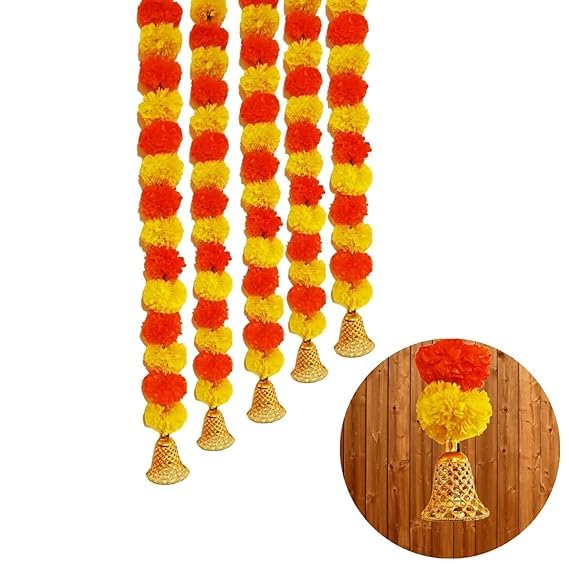 5 Ft Artificial Marigold Flower With Bells Fluffy Marigold With Golden Hanging Bells For Pooja,Housewarming,Festive Decorations For Holi Decoration,Navratri,5 pcs (Orange & Yellow)