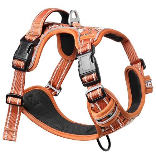 HEELE Hundegeschirr für Mittelgroße Hunde, Weich Atmungsaktiv Einstellbar Reflektierend Anti Zug Hundegeschirr mit Gepolstert Grifff, 3 Schnallen, Geblümt-Orange, M