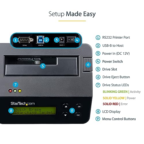 Image of StarTech.com Single Bay SSD /HDD Hard Drive Eraser, 2.5 /3.5 inch SATA, Hostless Standalone Secure Erase, Disk Sanitizer, Hardware Wiper Erasing Tool, 9 Modes, Printer Port, NIST /DOD, LCD, TAA (SDOCK1EU3P) | Standalone disk sanitizer, Hardware wiper, 9 modes, Single /3 /7-pass, Secure erase, NIST 800-88, USB 3.0, RS232 port