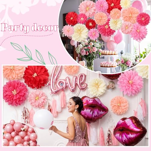 Image of Geyee 18 Pcs Mexican Paper Flowers Colorful Fiesta Tissue Paper Flowers Pom Poms Mexican Carnival for Floral Party Backdrop Wedding Birthday Party Craft(Pink Series,12 inch 14 inch 20 inch)