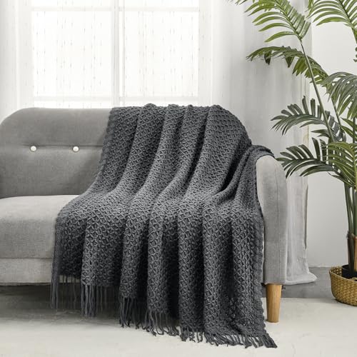 Image of CREVENT Farmhouse Boho Knitted Throw Blanket for Couch Sofa Chair Bed Home Decoration, Soft Warm Cozy Light Weight for Spring Summer Fall (50''X60'' Dark Grey)