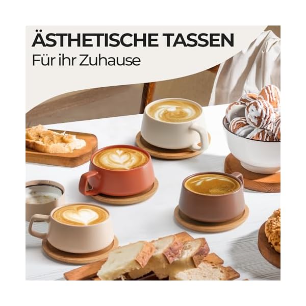 MIAMIO - 4 x 320 ml Kaffeetassen/Cappuccino Tassen mit Unterteller/elegant/modern/Kaffeebecher aus Steingut - Luxe Kollektion 4er Set – Bild 3