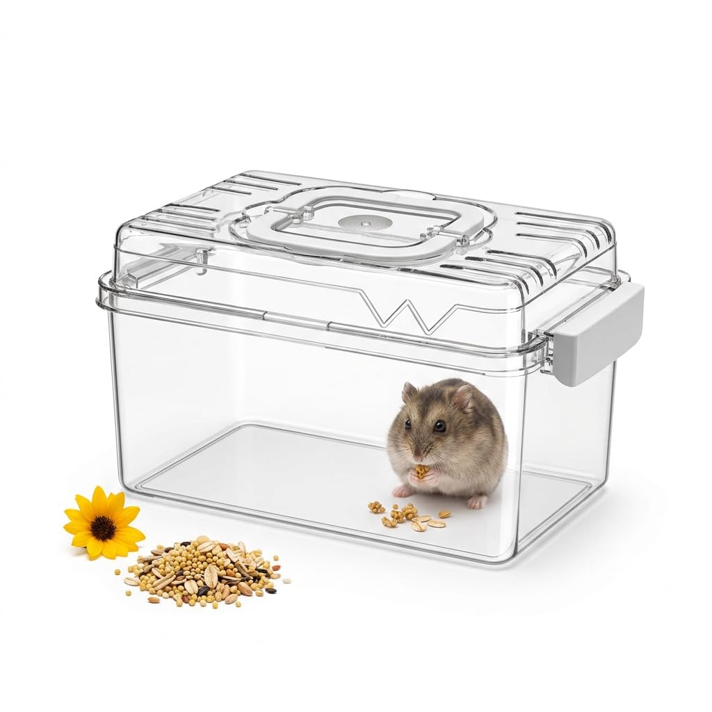 JISADER Portable Hamster Carrier Hamster Cage Fully Transparent Acrylic Travel Carry Case Breathable Grilles Small Animal Habitat for Mice Gerbils Outdoor Trips, Medium (32x21x20cm)