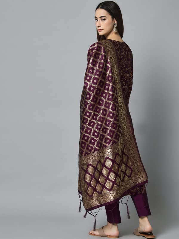 Image of VredeVogel Women's Cotton Silk Jacquard Kurta Pant Set with Banarasi Woven Self Designed Dupatta