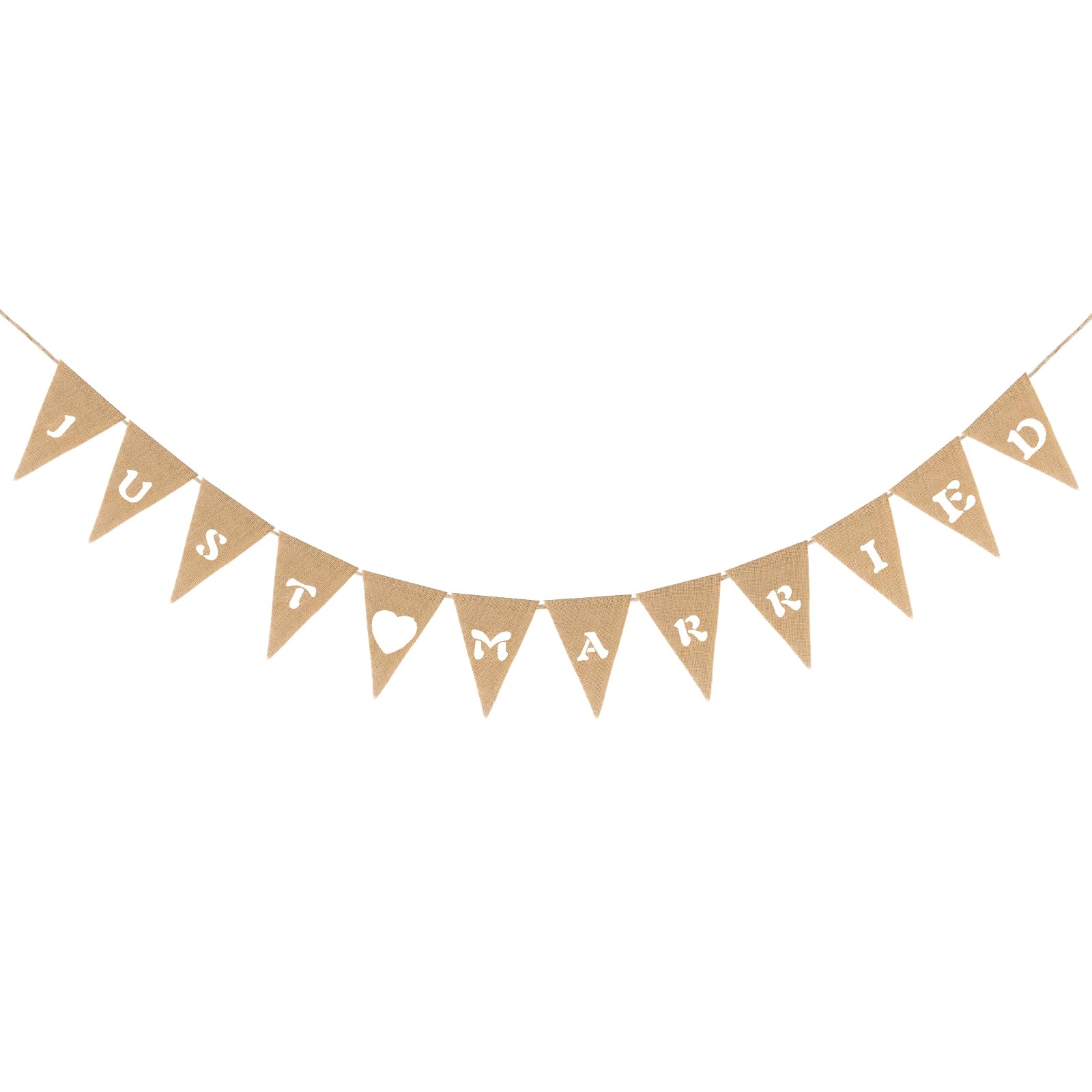 jijAcraft Pre-strung Just Married Burlap Bunting: Just Married Hessian Bunting with Heart, Rustic Hessian Banner, Vintage Burlap Jute Banner for Wedding, Bridal Shower Decoration