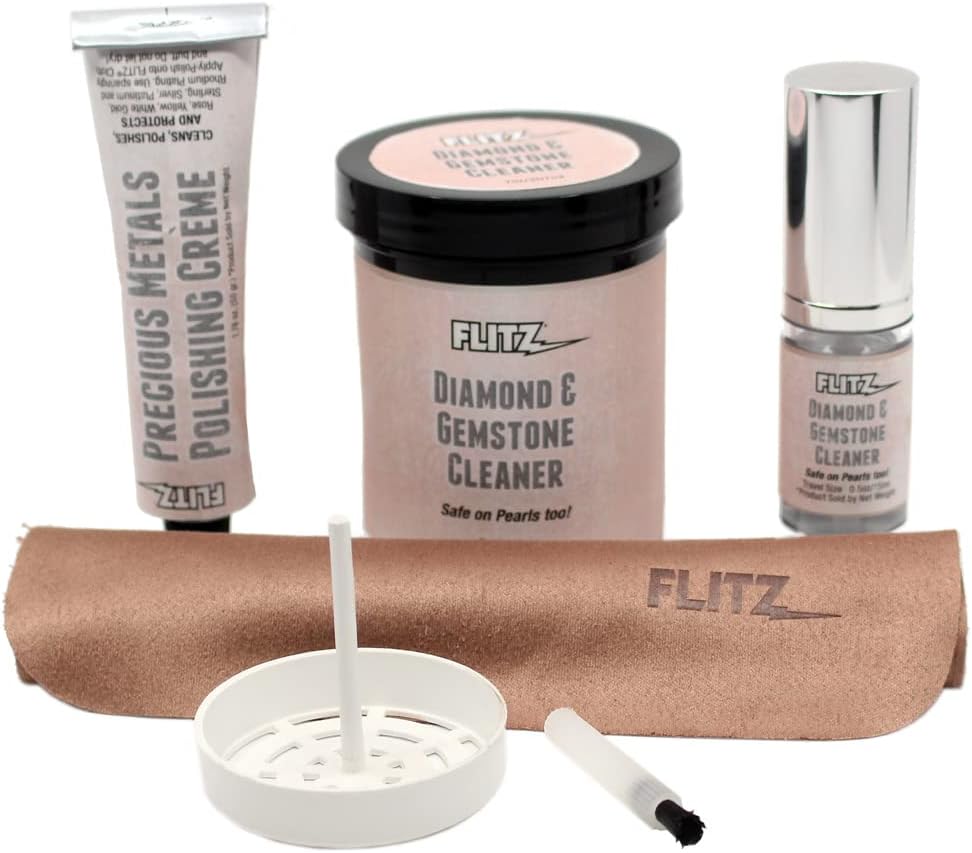 FLITZ Jewelry Cleaning Kit - USA-Made 1.7oz Jewelry Cleaner Cream, 1.7oz Spray, a Suede Cloth, and 7oz Gold & Sterling Silver Cleaner Dip Jar with Tray & Brush - Tarnish Remover Kit