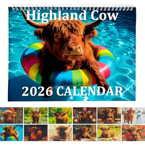 Highland Cow Calendar 2026 Funny Cute Swimming Cow Monthly Wall Calendar for Planning Animal Picture Art Decor Gift for Home Office
