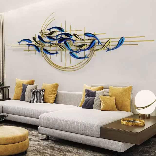 Image of ZOVE Stainless Steel And Iron Modern Luxury Steel 3D Modern Fish Creative Design Wall Art | Home Decoration /Living Room /Hotel /Restaurant /Office /Farm House | Color: Multicolor | Size: (46 X 22 INCH)