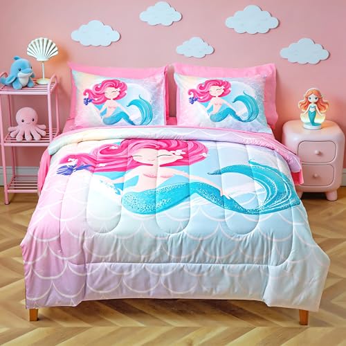 Image of Pink Little Mermaid Twin Size Bedding Set for Girls, 5-Piece Soft Kids Comforter with Matching Sheets and Pillow Sham, Cute Sea Princess Bed in a Bag