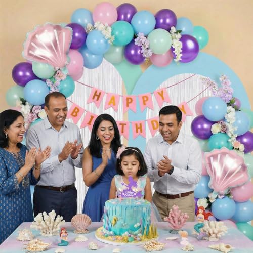 Image of Party Propz Mermaid Theme Birthday Decorations Kit for Girls - 47 Pcs, Happy Birthday Banner, Shell Foil Balloons, White Foil Curtain & Cake Topper, Sea Theme Decorations